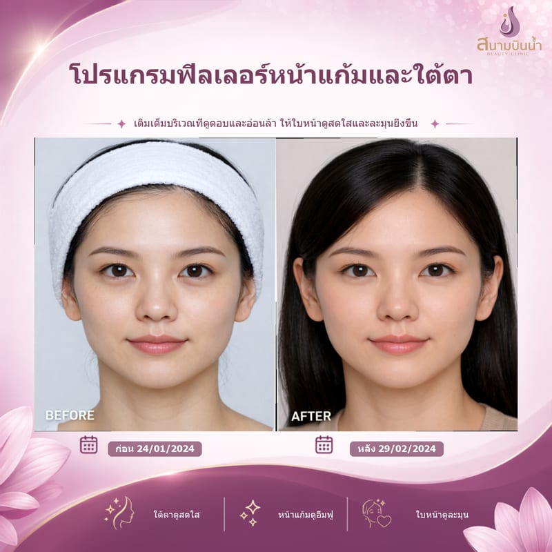 ภาพก่อน–หลัง ฟิลเลอร์หน้าแก้มใต้ตา กรณีเฉพาะบุคคล