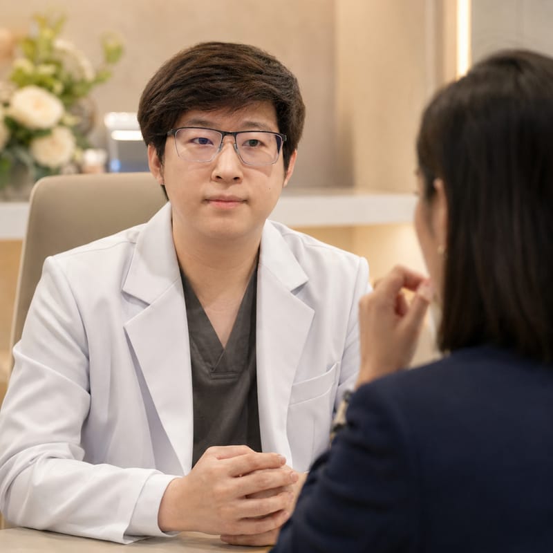หมอเน็ทรับฟังปัญหาและประเมินใบหน้าก่อนวางแผนการรักษา
